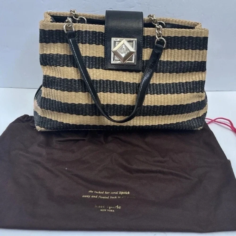 Kate spade Handbag Satchel Straw Leather Shoulder Bag Black Camel Striped
